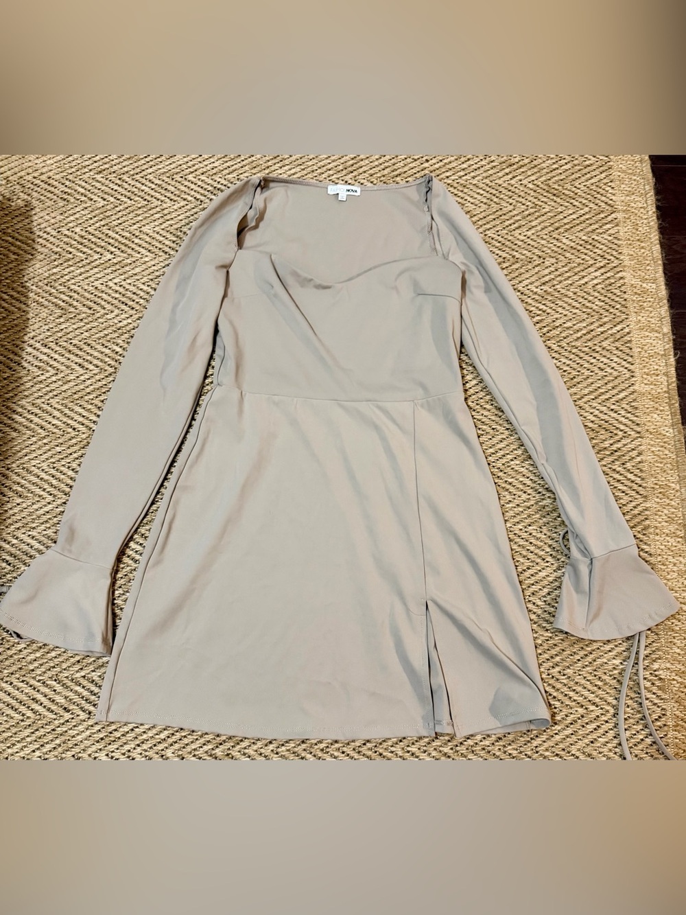 Fashion Nova Tan Long Sleeve Beige Mini Dress with Flared Cuff